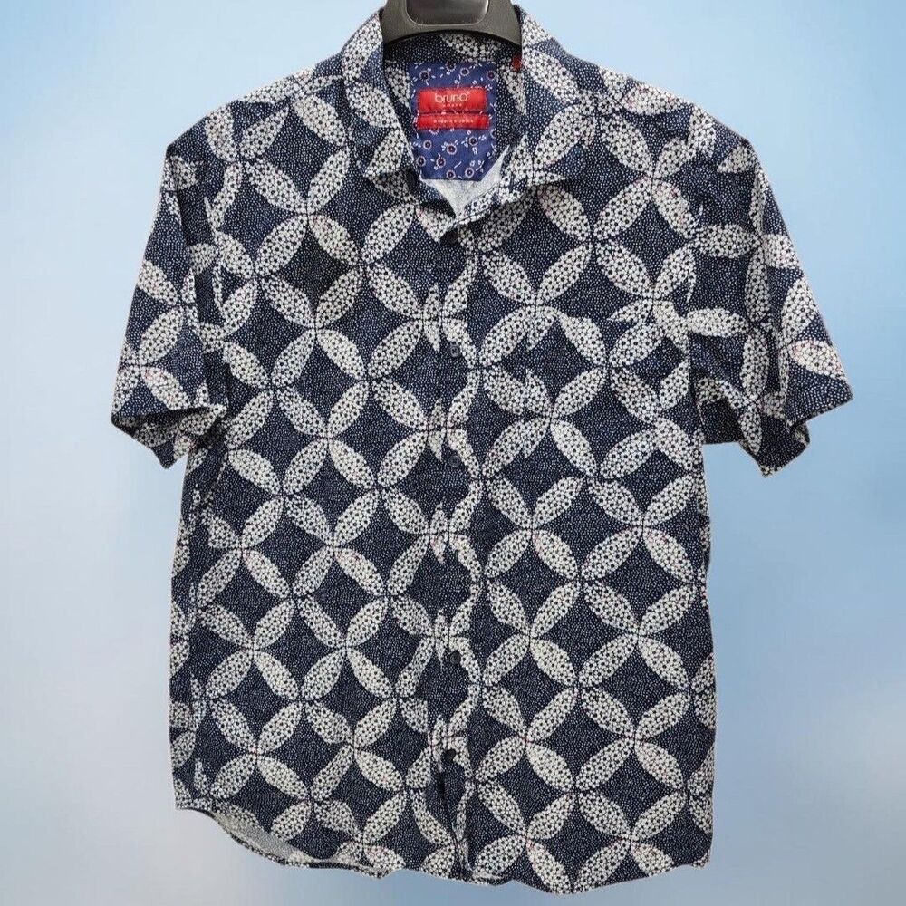 Bruno Milano Button Up Shirt Mens XL Blue Geometric Stretch Clubwear Resortwear